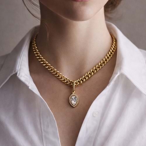 Bold Drop Zirkon Damla Charm Altın Kaplama Zincir Kolye