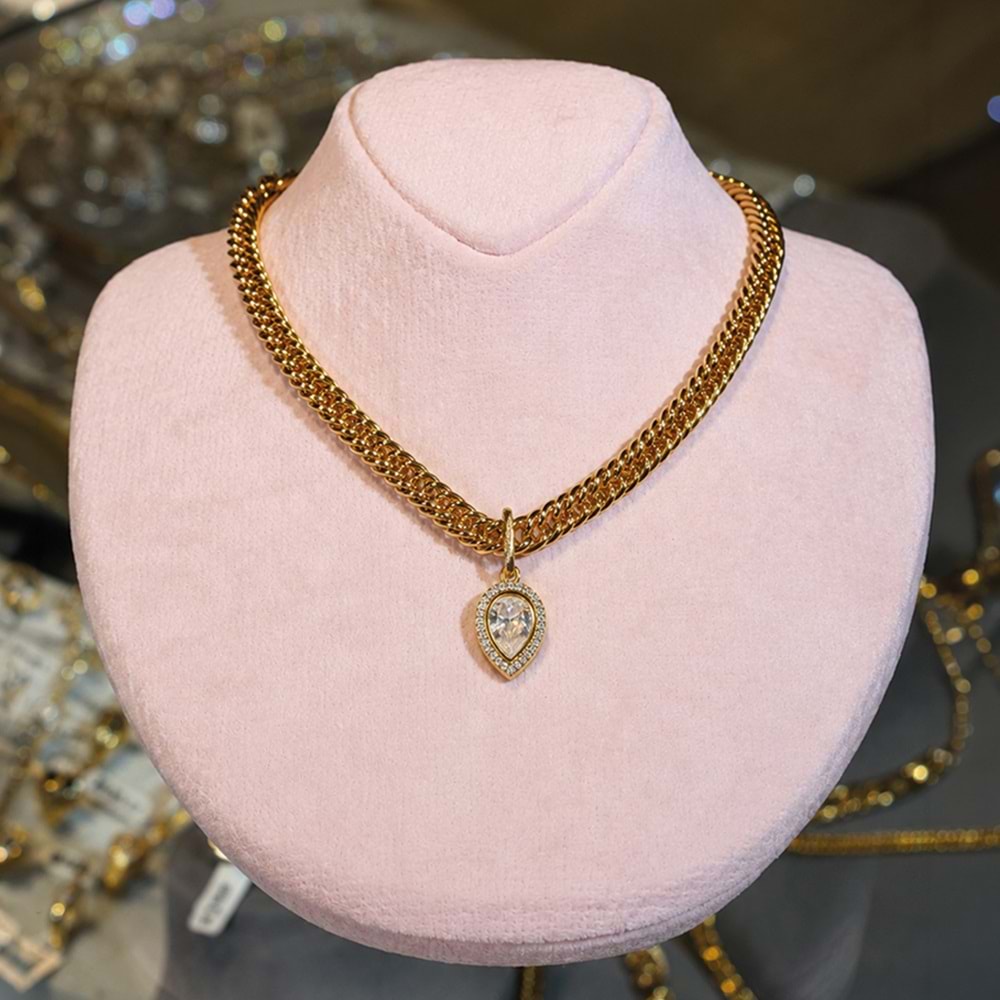 Bold Drop Zirkon Damla Charm Altın Kaplama Zincir Kolye